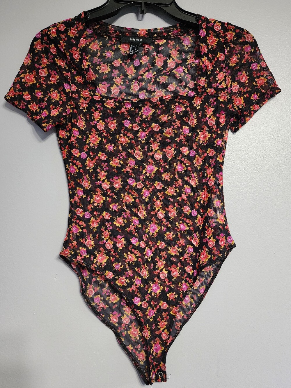 Forever 21 Black Floral Square-Neck Bodysuit - Pink & Coral Roses